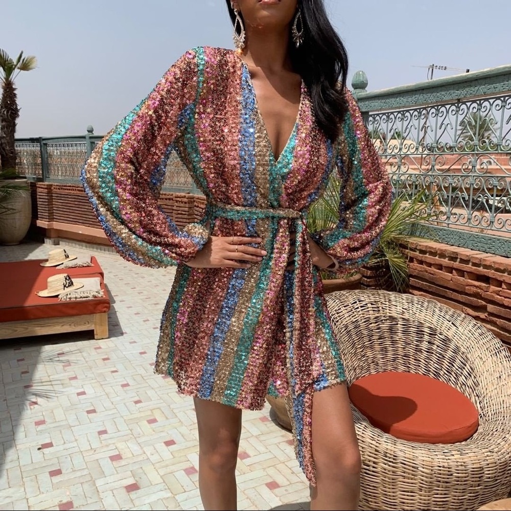 Club L London Sequin Contrast Stripe Wrap Mini